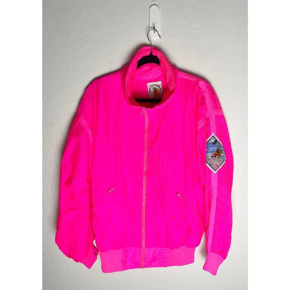 Vintage Mens Hotdogger Hot Neon Pink Windbreaker Full Zip Up Front 80s Preppy XS